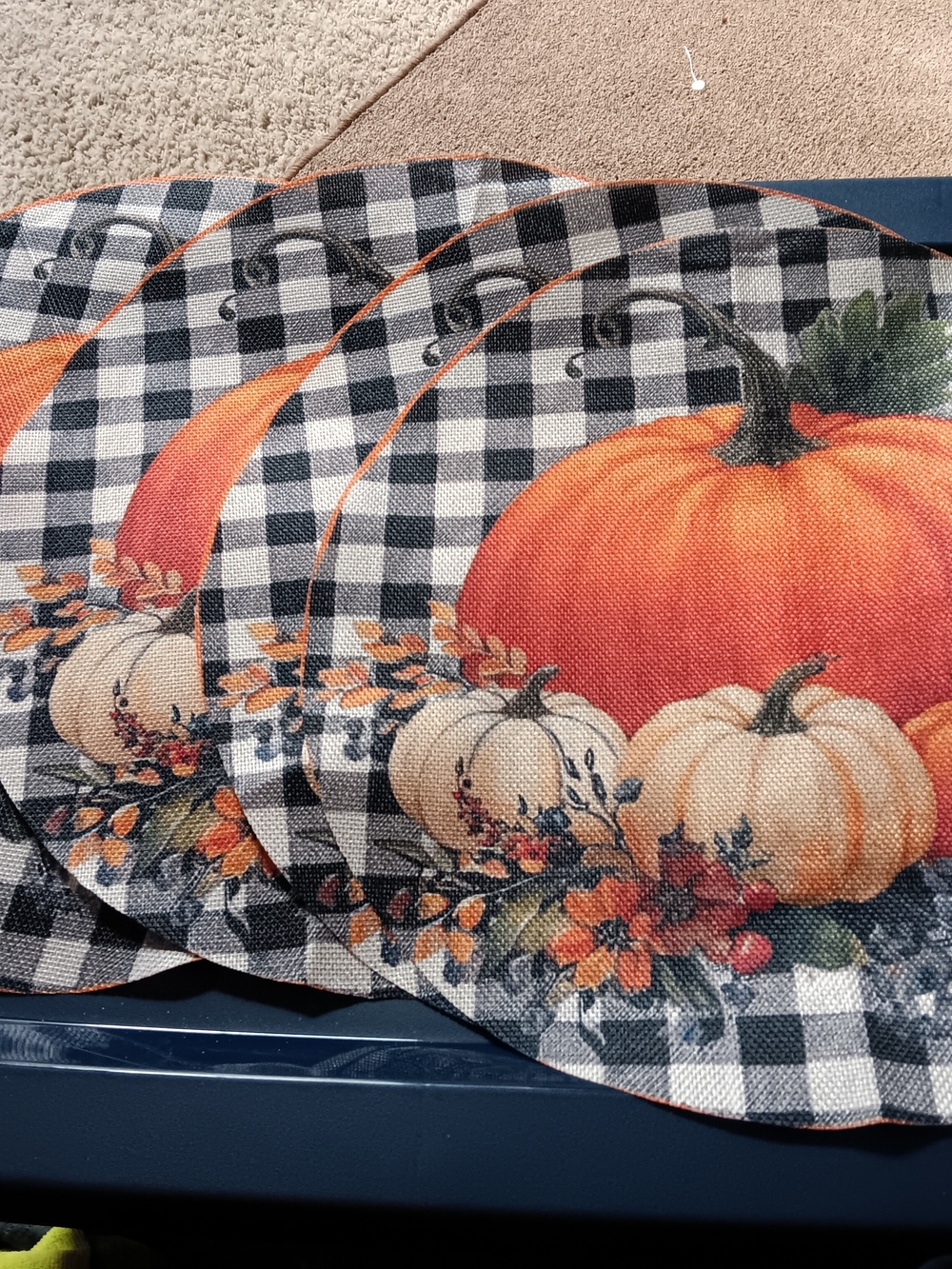 Set Of Four Autumn Pumpkin Plaid Round Placemats - Orange & Cream